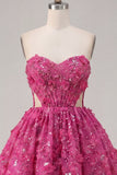 Vestido corto de bienvenida a casa corsé con cuentas con corte de línea fucsia brillante