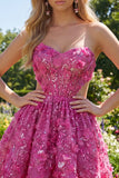 Vestido corto de bienvenida a casa corsé con cuentas con corte de línea fucsia brillante