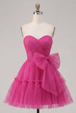 Fucsia Vestido corto de bienvenida fruncido con lazo en Fuchsia