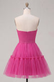 Fucsia Vestido corto de bienvenida fruncido con lazo en Fuchsia