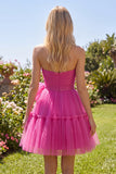 Fucsia Vestido corto de bienvenida fruncido con lazo en Fuchsia