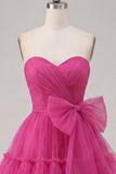 Fucsia Vestido corto de bienvenida fruncido con lazo en Fuchsia
