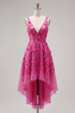 Vestido de bienvenida a casa con cuentas florales fucsia brillante con cuentas alta y baja A