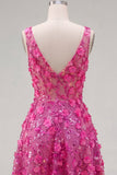 Vestido de bienvenida a casa con cuentas florales fucsia brillante con cuentas alta y baja A