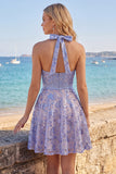 Vestido de bienvenida con un vestido de bienvenida corto, lazos gris azules brillantes con cuentas y lazos