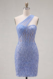 Corsé gris azul brillante Vestido de bienvenida de un hombro Ajustado de encaje corto