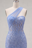 Corsé gris azul brillante Vestido de bienvenida de un hombro Ajustado de encaje corto
