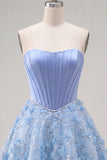 Vestido corsé corto corsé floral con cuentas y filetes azul brillante Línea A