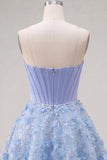 Vestido corsé corto corsé floral con cuentas y filetes azul brillante Línea A