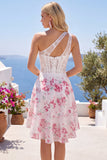 Vestido de bienvenida corto corto corsé de forma de flor fucsia blanca fucsia en forma de línea A con volantes