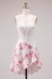 Vestido de bienvenida corto corto corsé de forma de flor fucsia blanca fucsia en forma de línea A con volantes