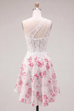 Vestido de bienvenida corto corto corsé de forma de flor fucsia blanca fucsia en forma de línea A con volantes