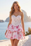 Vestido corto corto de bienvenida cortos de A Flor fucsia blanca sin tirantes A Line
