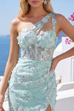 Vestido de Homecoming con corsé de un hombro con flores con aplicación a casa menta y abertura