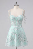 Vestido de Homecoming con corsé A-line de menta con aplique floral con escoces, con hombros descubiertos