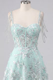 Vestido de Homecoming con corsé A-line de menta con aplique floral con escoces, con hombros descubiertos
