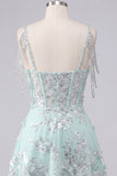 Vestido de Homecoming con corsé A-line de menta con aplique floral con escoces, con hombros descubiertos