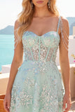 Vestido de Homecoming con corsé A-line de menta con aplique floral con escoces, con hombros descubiertos