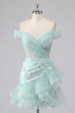 Vestido de bienvenida de corsé menta con lentejuelas y volantes de hombro descubierto