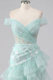 Vestido de bienvenida de corsé menta con lentejuelas y volantes de hombro descubierto