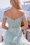 Vestido de bienvenida de corsé menta con lentejuelas y volantes de hombro descubierto