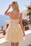 Corsé de escote en V amarillo mantequilla Línea A Vestido floral de bienvenida