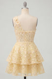 Corsé de un hombro amarillo mantequilla Vestido floral floral de bienvenida