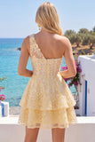 Corsé de un hombro amarillo mantequilla Vestido floral floral de bienvenida