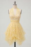 Vestido de bienvenida floral de fin de carrera amarillo mantequilla con escote halter, con escote en forma de línea en forma de A.