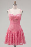 Vestido de bienvenida floral rosa brillante con tirantes finos y lazo