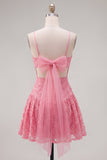 Vestido de bienvenida floral rosa brillante con tirantes finos y lazo