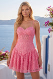 Vestido de bienvenida floral rosa brillante con tirantes finos y lazo
