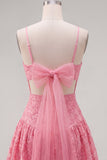 Vestido de bienvenida floral rosa brillante con tirantes finos y lazo