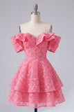 Vestido de bienvenida rosa brillante rosa brillante con volantes y volantes en forma de A con hombros