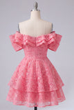Vestido de bienvenida rosa brillante rosa brillante con volantes y volantes en forma de A con hombros
