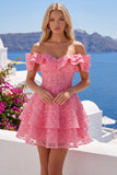 Vestido de bienvenida rosa brillante rosa brillante con volantes y volantes en forma de A con hombros