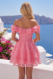 Vestido de bienvenida rosa brillante rosa brillante con volantes y volantes en forma de A con hombros
