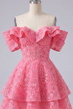 Vestido de bienvenida rosa brillante rosa brillante con volantes y volantes en forma de A con hombros