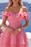 Vestido de bienvenida rosa brillante rosa brillante con volantes y volantes en forma de A con hombros