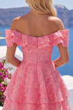 Vestido de bienvenida rosa brillante rosa brillante con volantes y volantes en forma de A con hombros