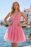 Vestido de Bienvenida a la Escuela Rosa A, floral de escote en pico y tul
