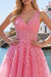 Vestido de Bienvenida a la Escuela Rosa A, floral de escote en pico y tul