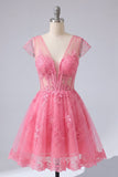 Vestido de bienvenida rosa fuerte floral en línea A con escote en V y tul transparente y mangas gordas