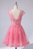 Vestido de bienvenida rosa fuerte floral en línea A con escote en V y tul transparente y mangas gordas