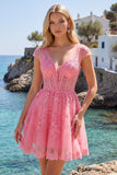 Vestido de bienvenida rosa fuerte floral en línea A con escote en V y tul transparente y mangas gordas