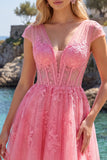 Vestido de bienvenida rosa fuerte floral en línea A con escote en V y tul transparente y mangas gordas