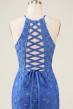 Vestido de Homecoming con escote de corte en forma de flores y collar con collares azul real y collar