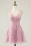 Vestido de bienvenida rosa rosa en V con escote en V y flores