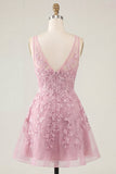 Vestido de bienvenida rosa rosa en V con escote en V y flores