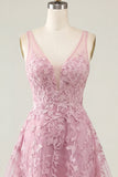 Vestido de bienvenida rosa rosa en V con escote en V y flores